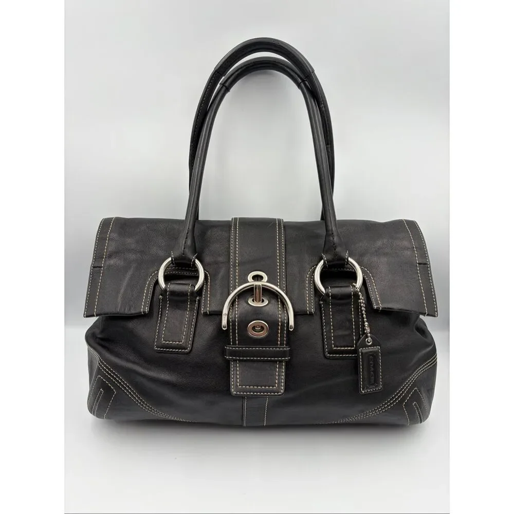 Coach Soho Black Glove Leather Flap Satchel Shoulder Bag Contrast Stitch